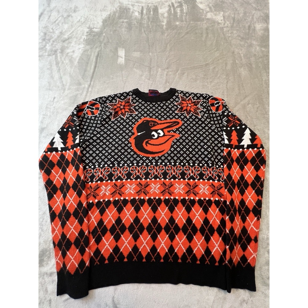 MLB Mens Sweater M Orange Baltimore Orioles Ugly Christmas Sweater Klew Crewneck
